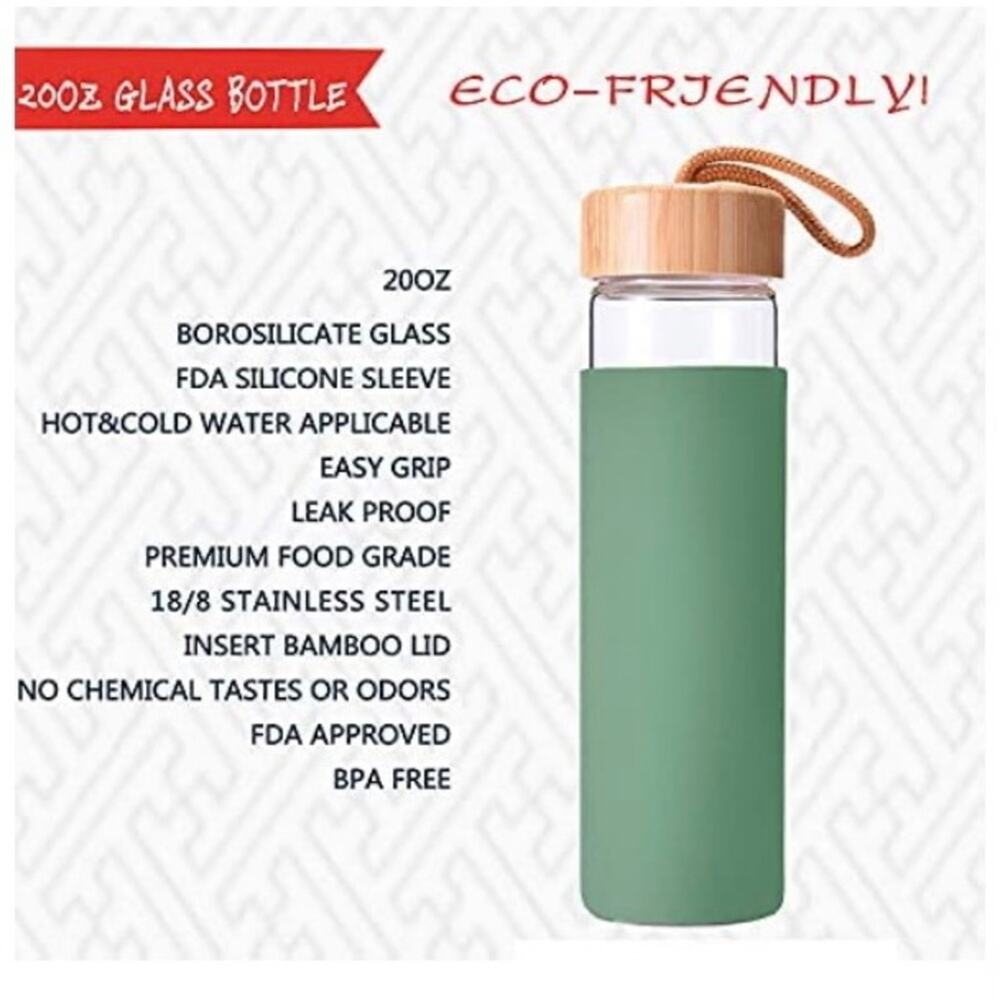 Yomious Olive 20 Oz Borosilicate Glass Water Bottle Bamboo Lid NWOT - Picture 8 of 8